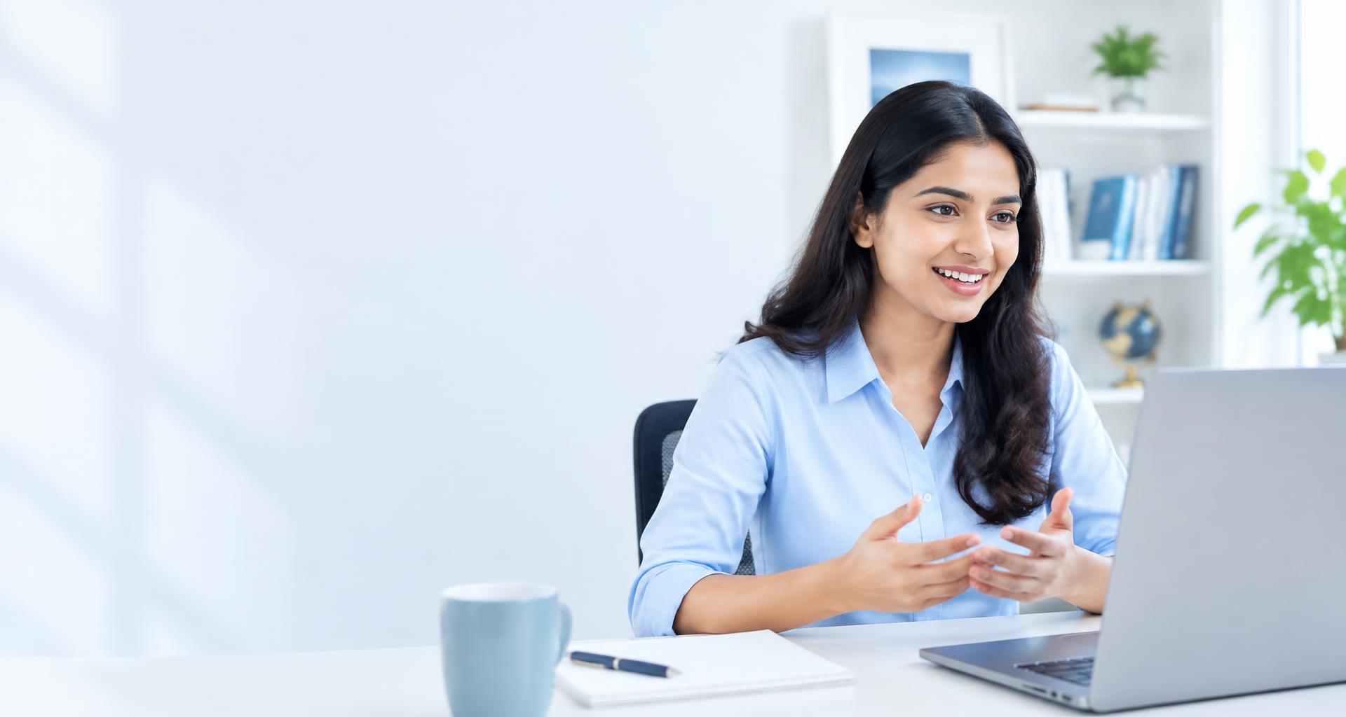 MBA aspirant practising a professional interview with her laptop